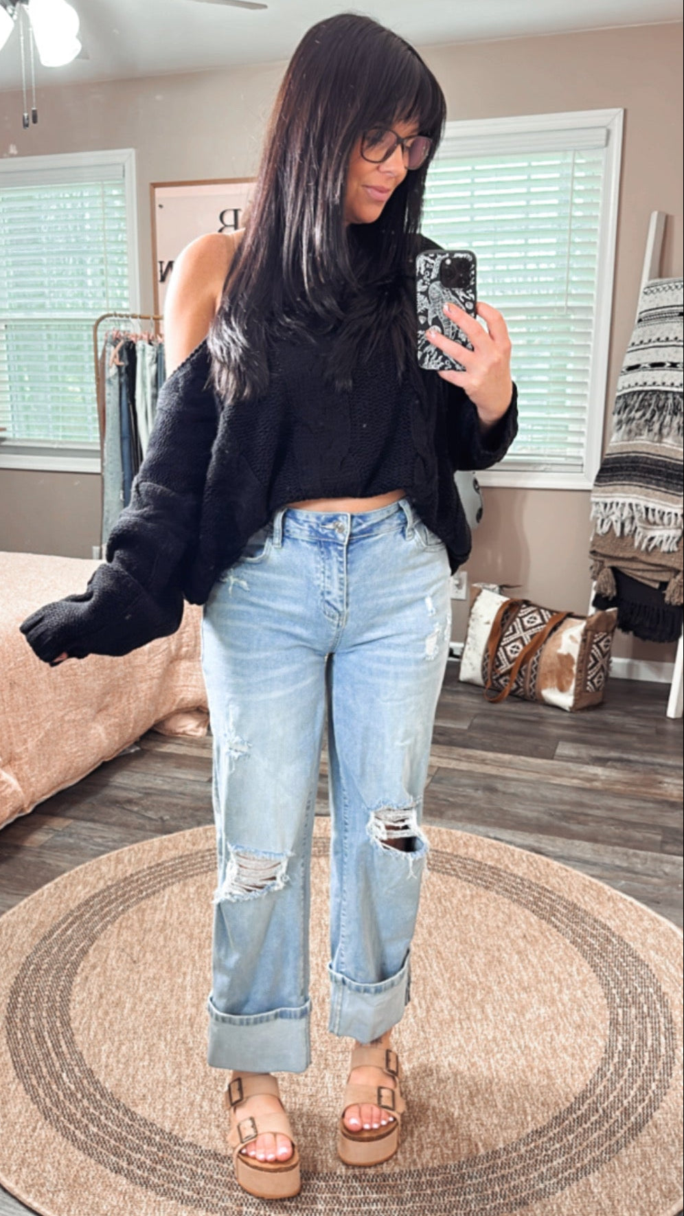 Beau Blue Fold Over Boyfriend Jeans, front