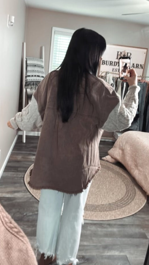 Lainey Button Down Sweater Sleeve Shacket (Choco/Almond), back