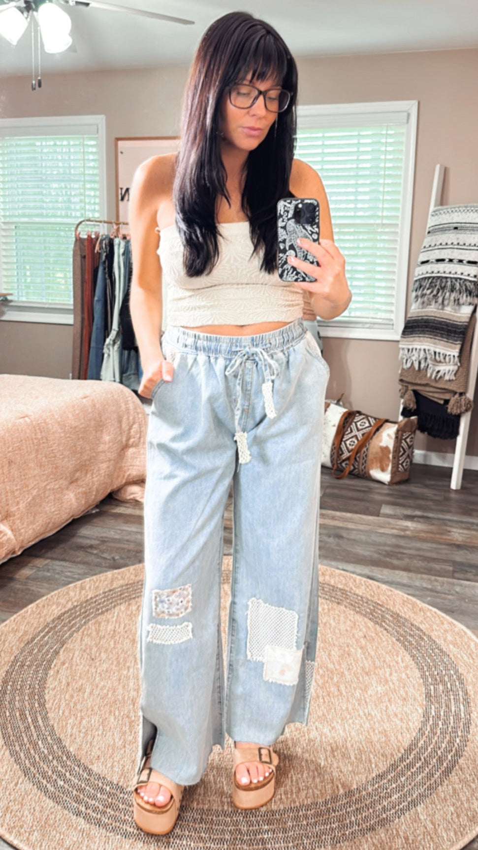 Daisy Crochet Patch Denim Pants, front