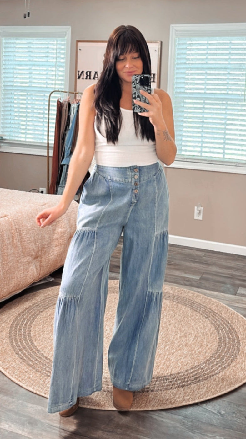 Dolly Denim Wide Leg Tiered Pants, front