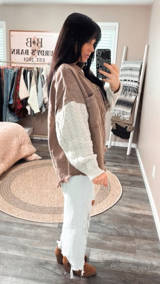 Lainey Button Down Sweater Sleeve Shacket (Choco/Almond), side