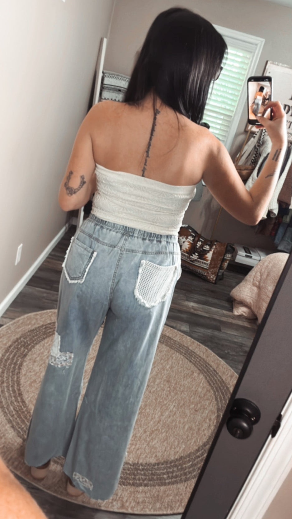 Daisy Crochet Patch Denim Pants, back