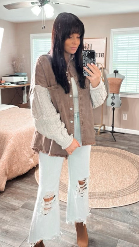 Lainey Button Down Sweater Sleeve Shacket (Choco/Almond), front