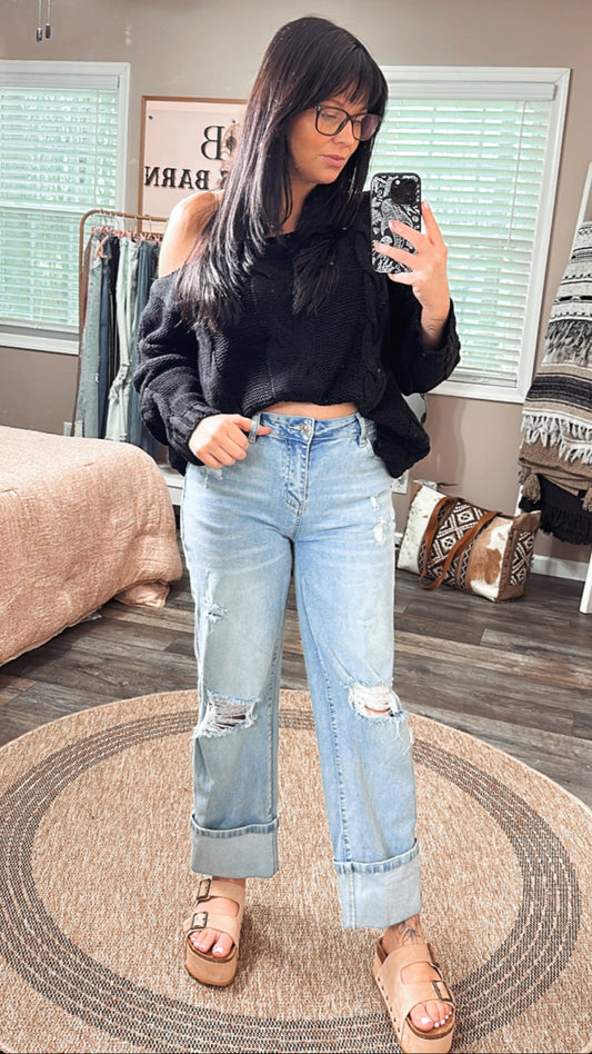 Beau Blue Fold Over Boyfriend Jeans, front