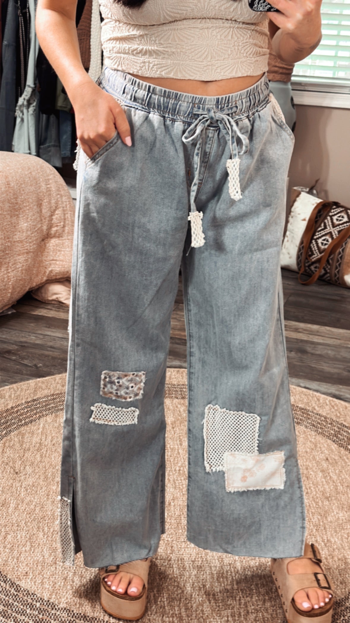 Daisy Crochet Patch Denim Pants, front