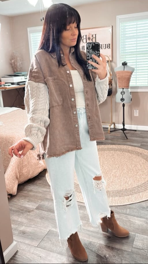 Lainey Button Down Sweater Sleeve Shacket (Choco/Almond), front side