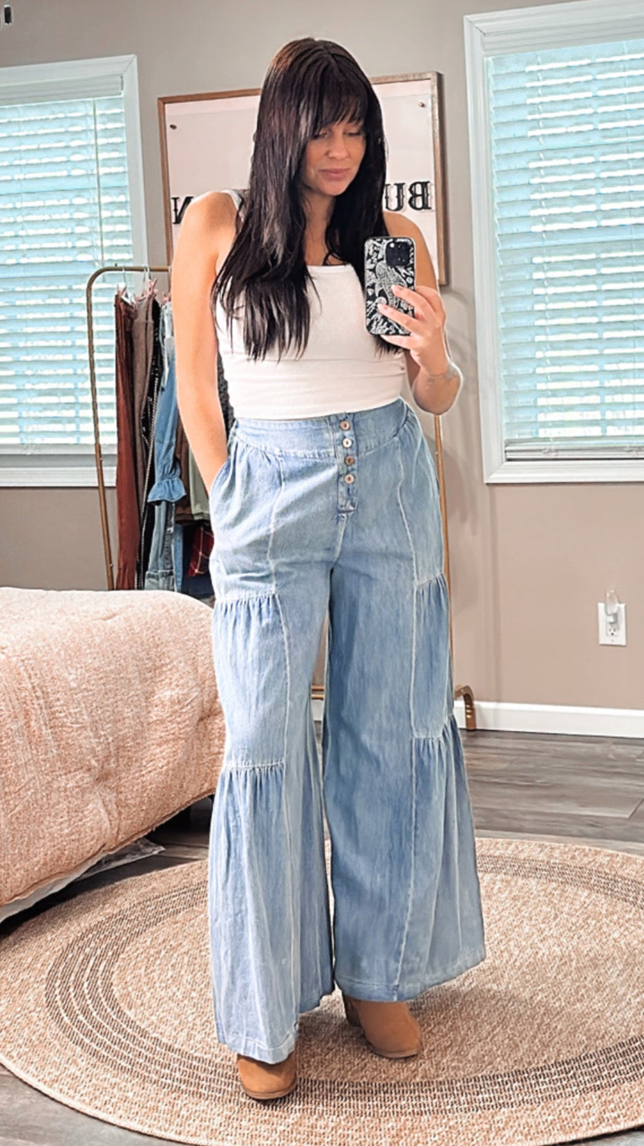 Dolly Denim Wide Leg Tiered Pants, front