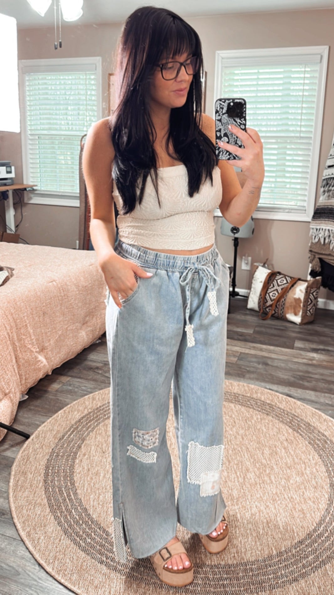 Daisy Crochet Patch Denim Pants, front