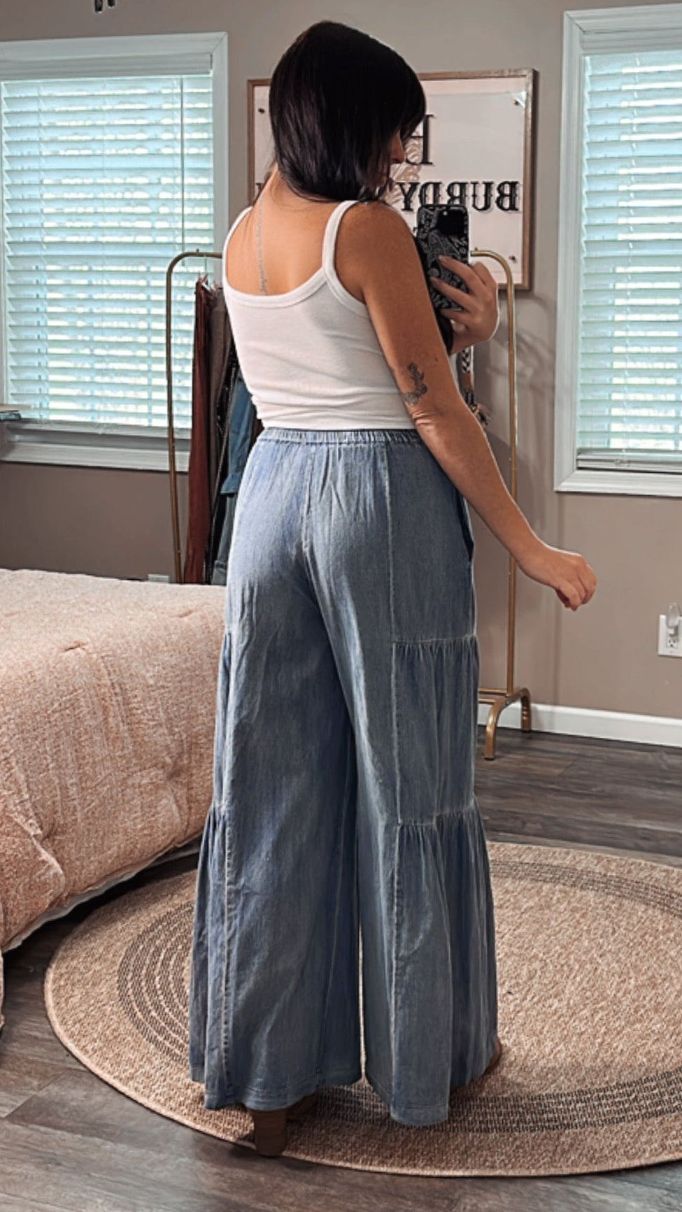Dolly Denim Wide Leg Tiered Pants, back