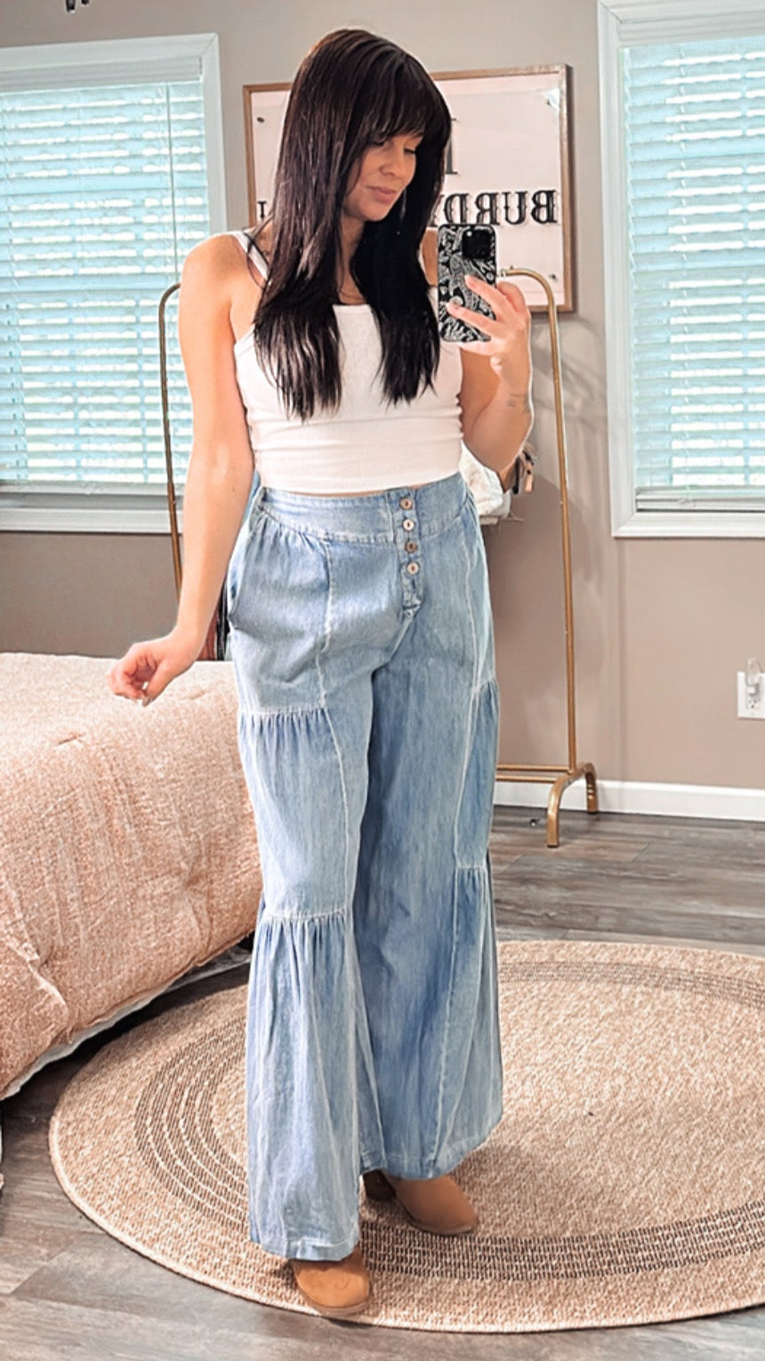 Dolly Denim Wide Leg Tiered Pants, front